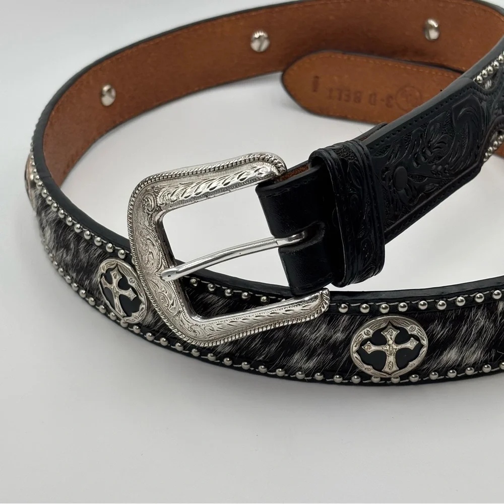 DDD 3D Black‎ Leather Belt Studded Rhinetsone Cross Western Size 40